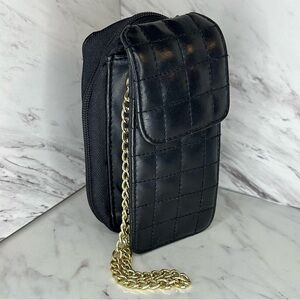 Quilted Leather Wristlet Wallet Bag - Gold Chain Detail - Black